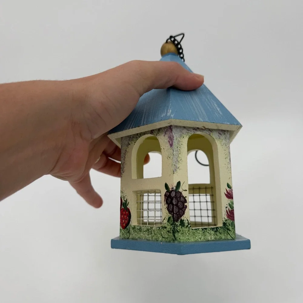 Hand Painted Wooden Birdhouse Blue Gazebo Floral Fruit Garden Decor 7.5 Inch